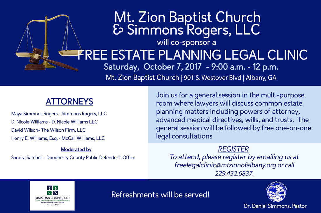 Simmons Rogers Law and attorney Maya Simmons Rogers will co-host a free estate planning legal clinic in Albany, GA covering common issues such as wills, trusts, advanced medical directives and powers of attorney. 