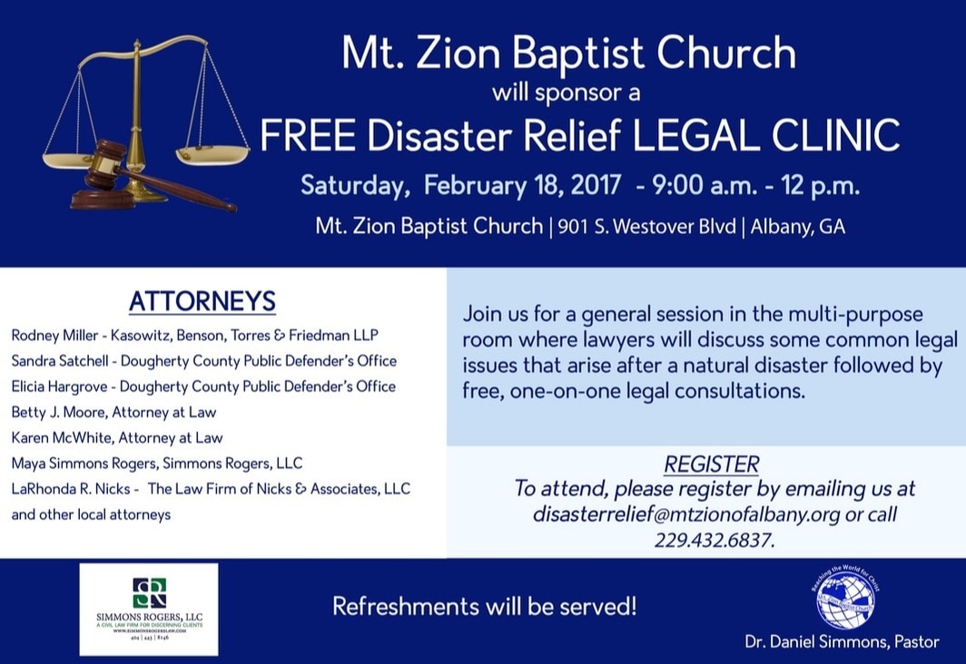 Flier for free legal clinic in Albany, GA co-sponsored by Simmons Rogers, LLC and featuring Maya Simmons Rogers